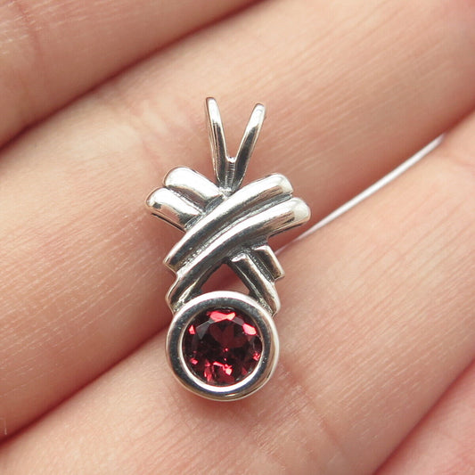 925 Sterling Silver Vintage Real Red Garnet Gem Crossover Slide Pendant