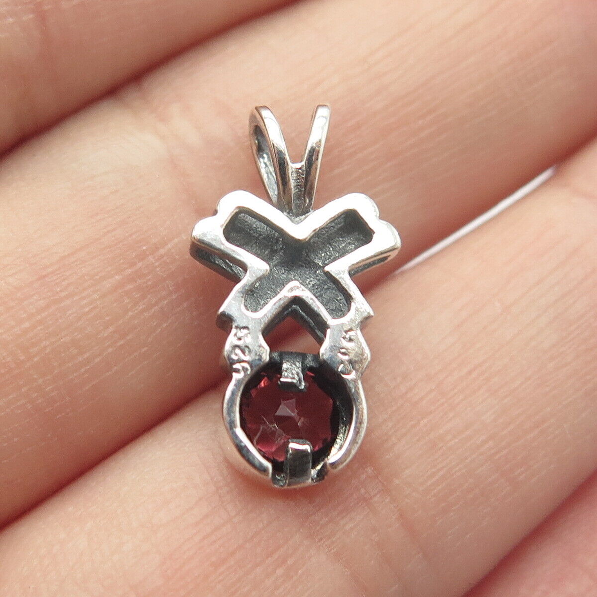 925 Sterling Silver Vintage Real Red Garnet Gem Crossover Slide Pendant