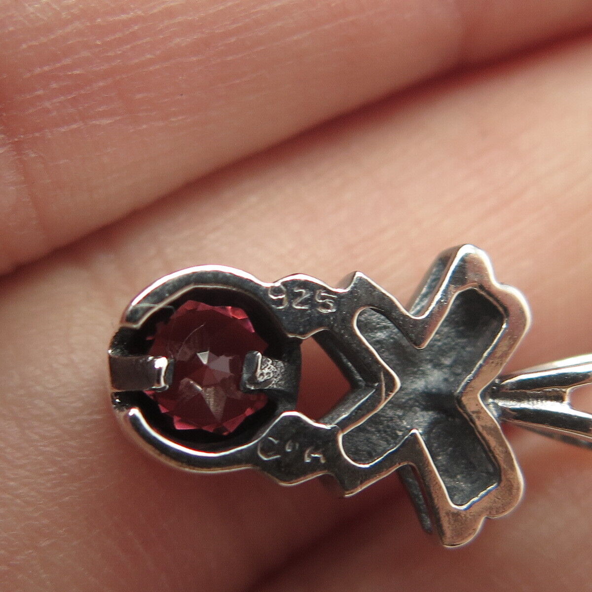 925 Sterling Silver Vintage Real Red Garnet Gem Crossover Slide Pendant