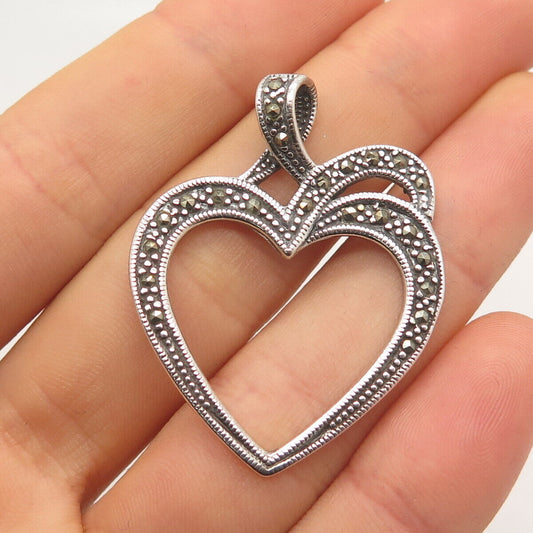 925 Sterling Silver Vintage Real Marcasite Gem Open Heart Pendant