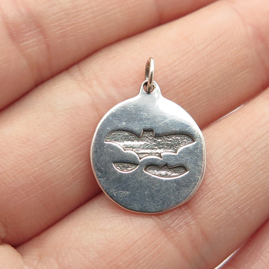 925 Sterling Silver Vintage Bat Round Charm Pendant