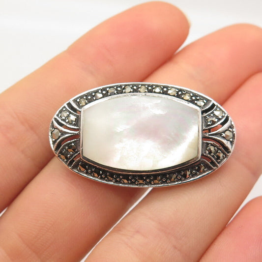 925 Sterling Silver Vintage Real Mother-of-Pearl & Marcasite Gemstone Pin Brooch