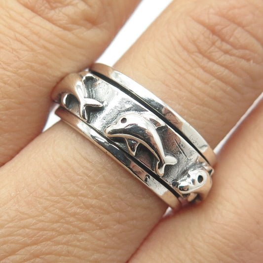 925 Sterling Silver Vintage Friendly Dolphin Rotating Band Ring Size 8.75