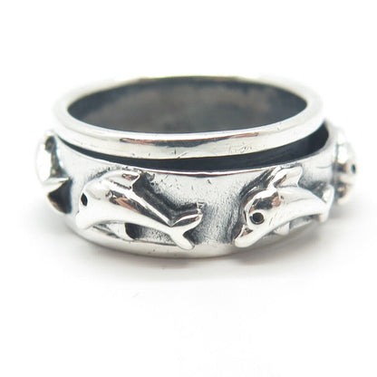 925 Sterling Silver Vintage Friendly Dolphin Rotating Band Ring Size 8.75