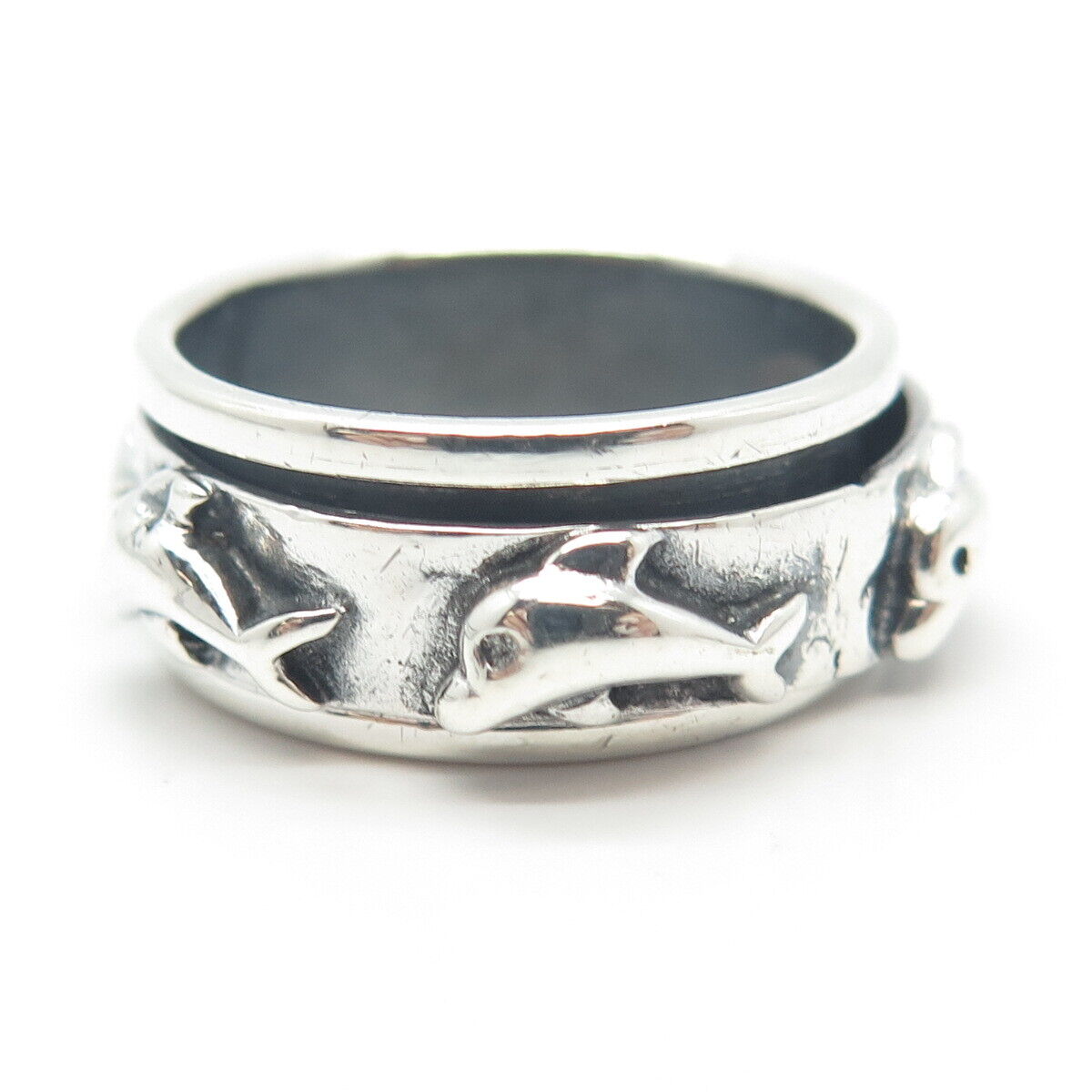 925 Sterling Silver Vintage Friendly Dolphin Rotating Band Ring Size 8.75