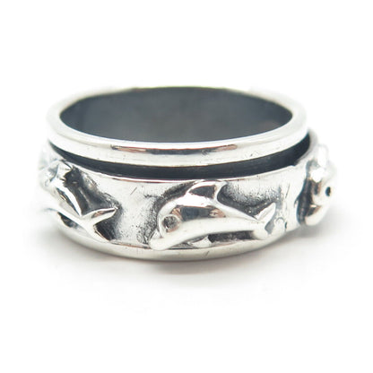 925 Sterling Silver Vintage Friendly Dolphin Rotating Band Ring Size 8.75