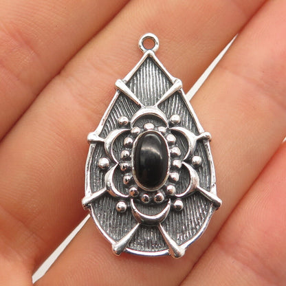 925 Sterling Silver Vintage Real Black Onyx Gemstone Pendant