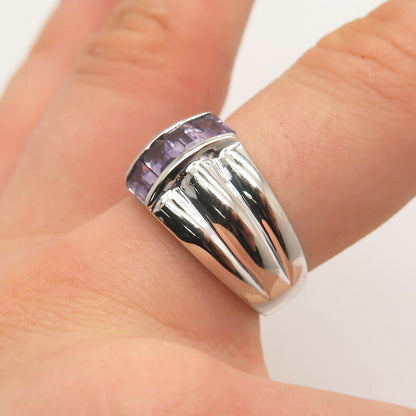 925 Sterling Silver Vintage Real Amethyst Gemstone Ribbed Ring Size 8