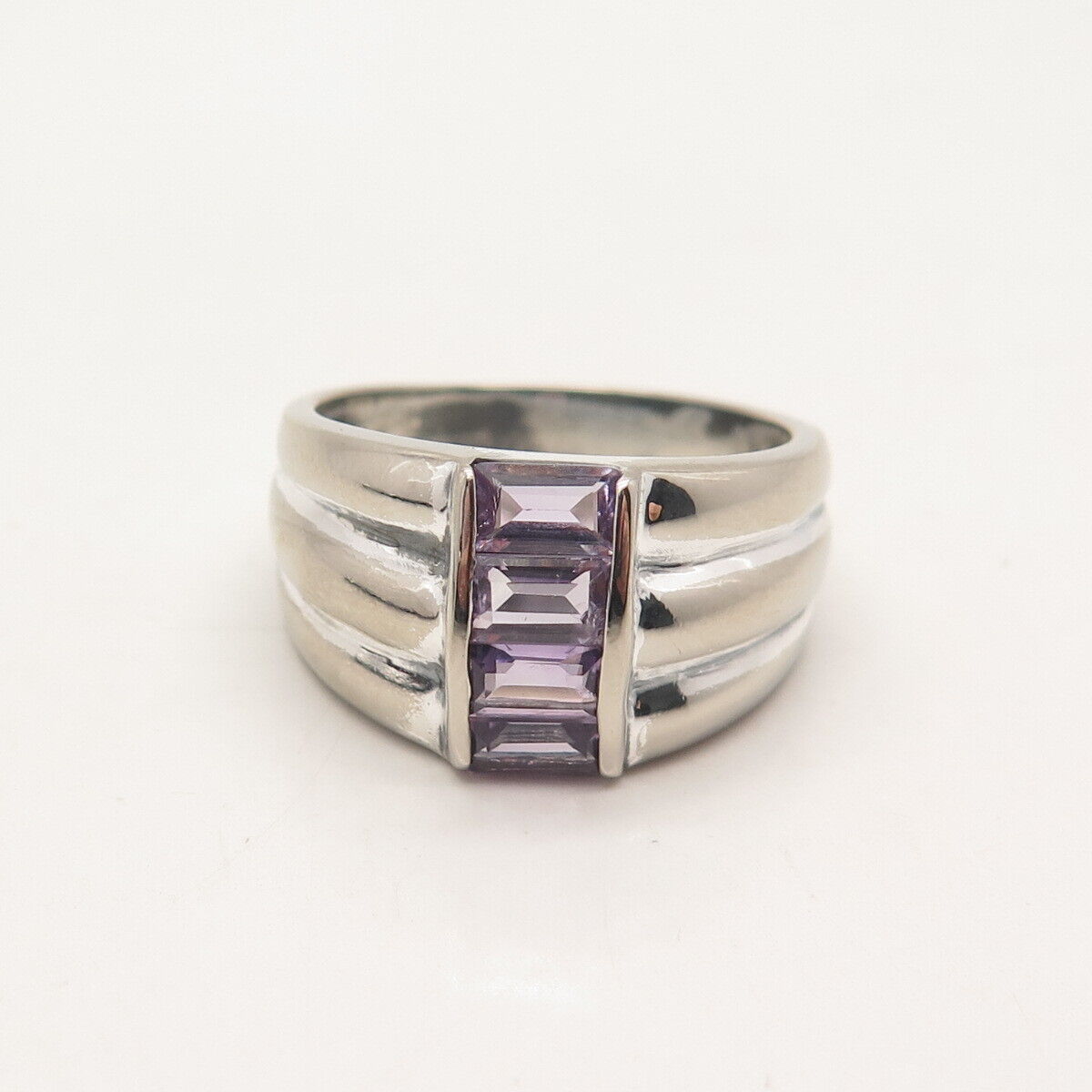 925 Sterling Silver Vintage Real Amethyst Gemstone Ribbed Ring Size 8