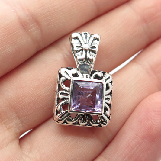 925 Sterling Silver Vintage Real Amethyst Gemstone Ornate Pendant