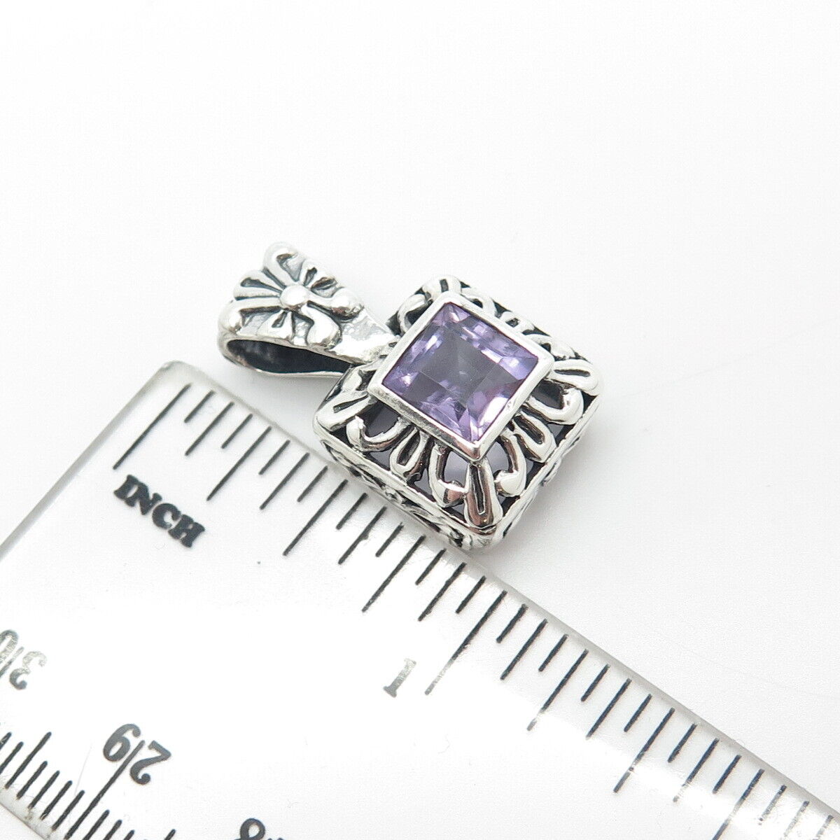 925 Sterling Silver Vintage Real Amethyst Gemstone Ornate Pendant