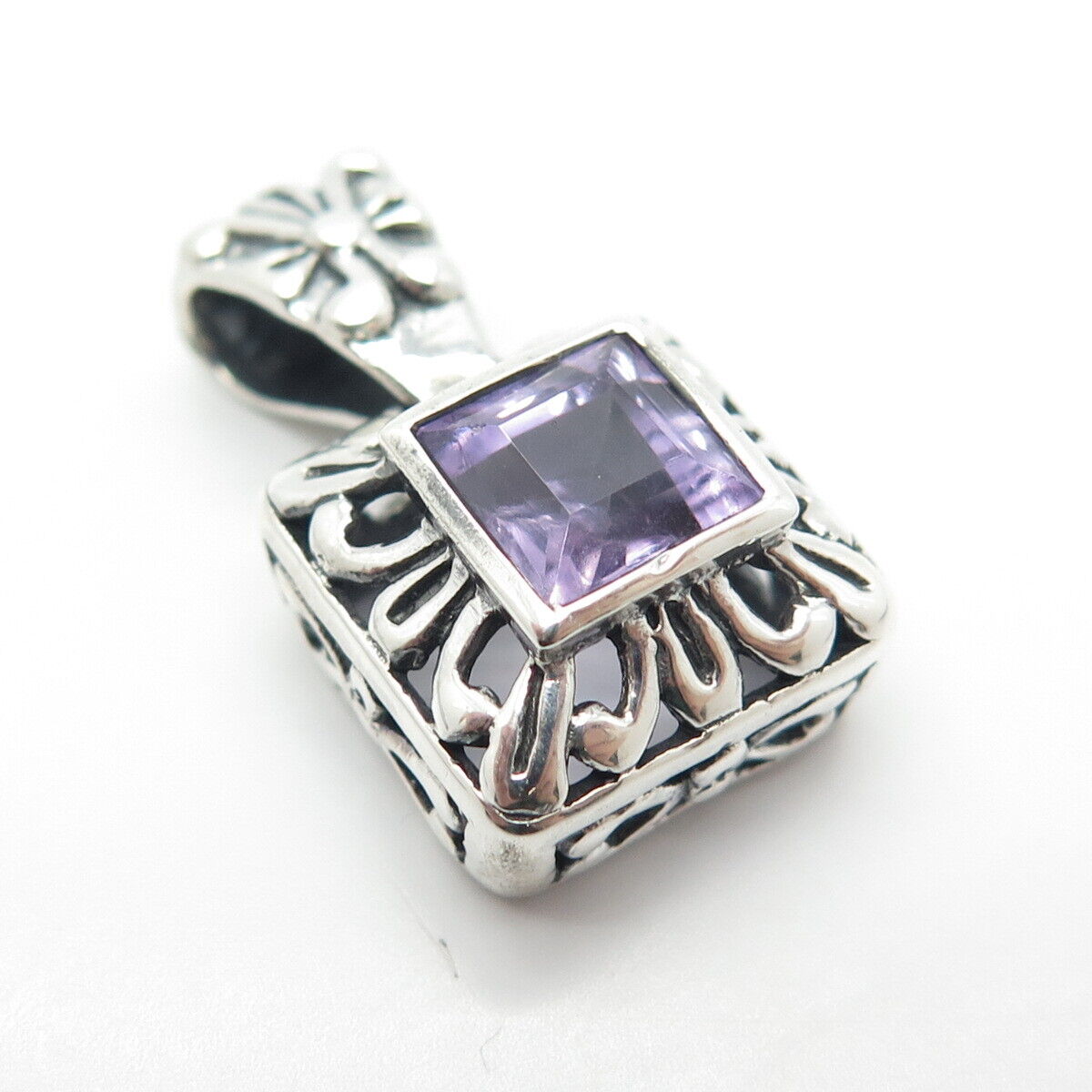 925 Sterling Silver Vintage Real Amethyst Gemstone Ornate Pendant