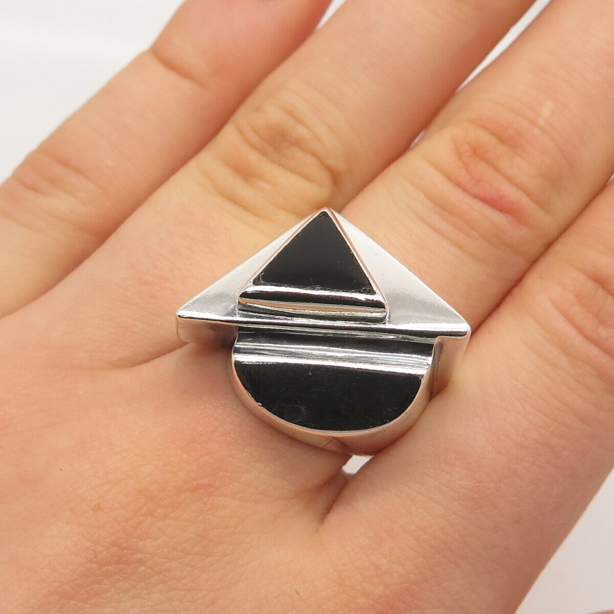 925 Sterling Silver Vintage Real Black Onyx Gemstone Ring Size 8