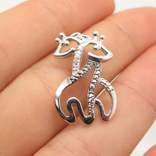 925 Sterling Silver Real White Diamond Couple of Giraffes Slide Pendant