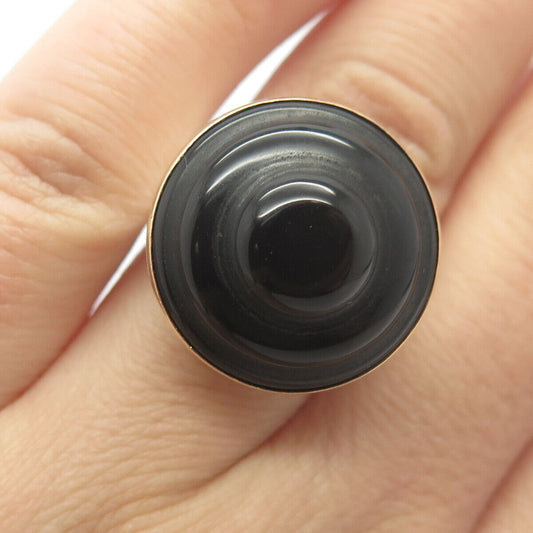 925 Sterling Silver 2-Tone Vintage Real Black Onyx Gem Round Ring Size 6