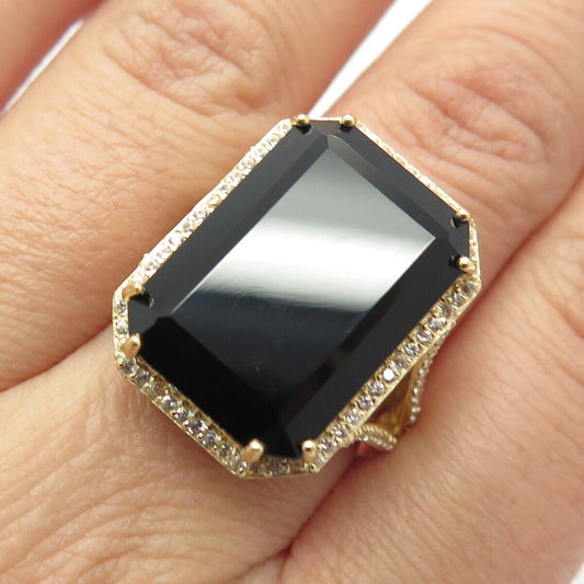 925 Sterling Silver Gold Plated Real Black Spinel Gemstone & C Z Ring Size 7.75