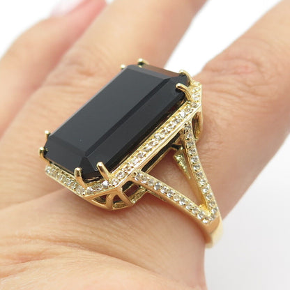 925 Sterling Silver Gold Plated Real Black Spinel Gemstone & C Z Ring Size 7.75