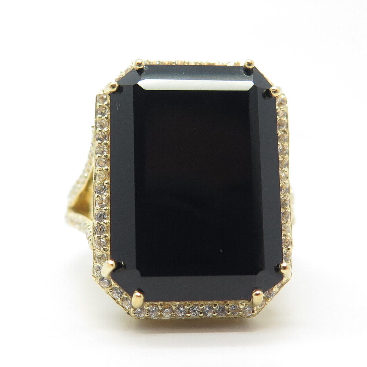 925 Sterling Silver Gold Plated Real Black Spinel Gemstone & C Z Ring Size 7.75