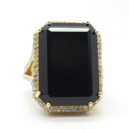 925 Sterling Silver Gold Plated Real Black Spinel Gemstone & C Z Ring Size 7.75