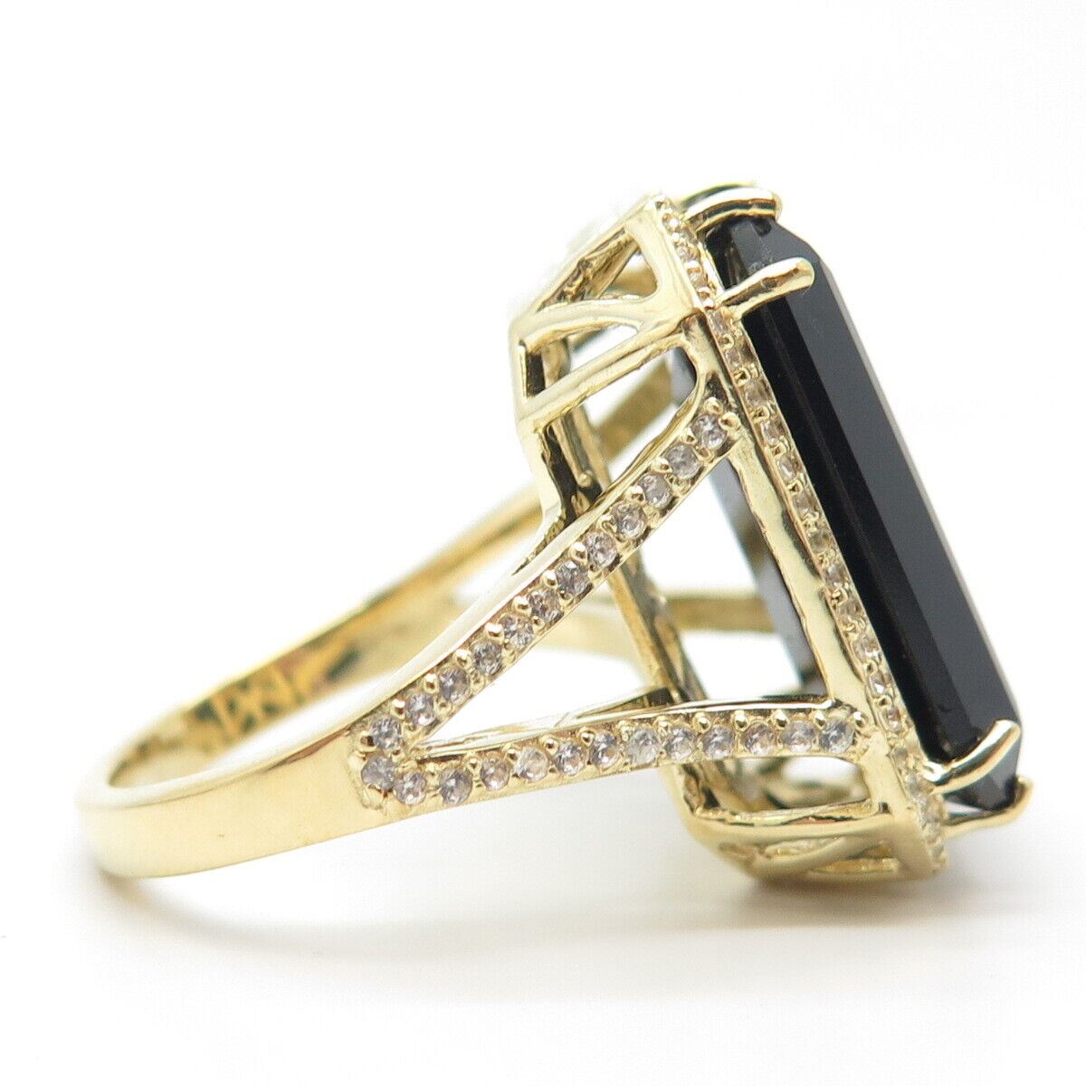 925 Sterling Silver Gold Plated Real Black Spinel Gemstone & C Z Ring Size 7.75