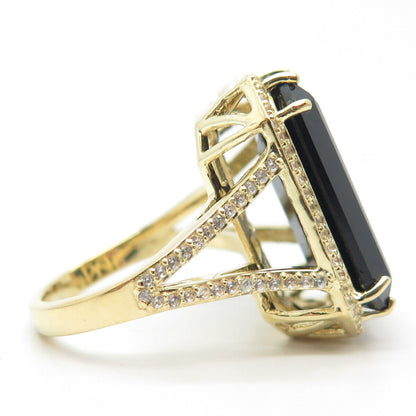 925 Sterling Silver Gold Plated Real Black Spinel Gemstone & C Z Ring Size 7.75