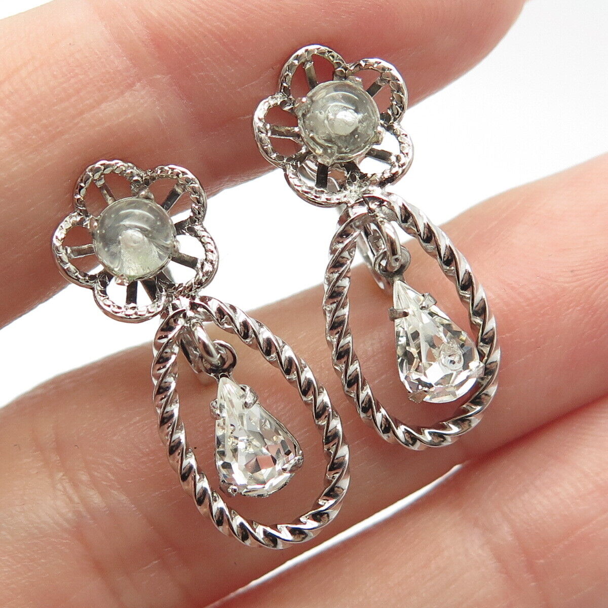 925 Sterling Silver Vintage Rhinestone & Glass Screw Back Earrings