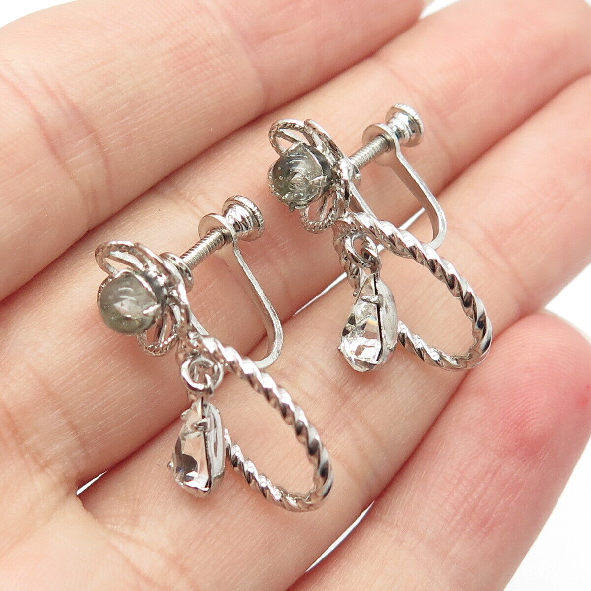 925 Sterling Silver Vintage Rhinestone & Glass Screw Back Earrings