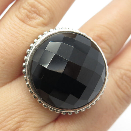 925 Sterling Silver Vintage Real Black Spinel Gemstone Ornate Wide Ring Size 9.5