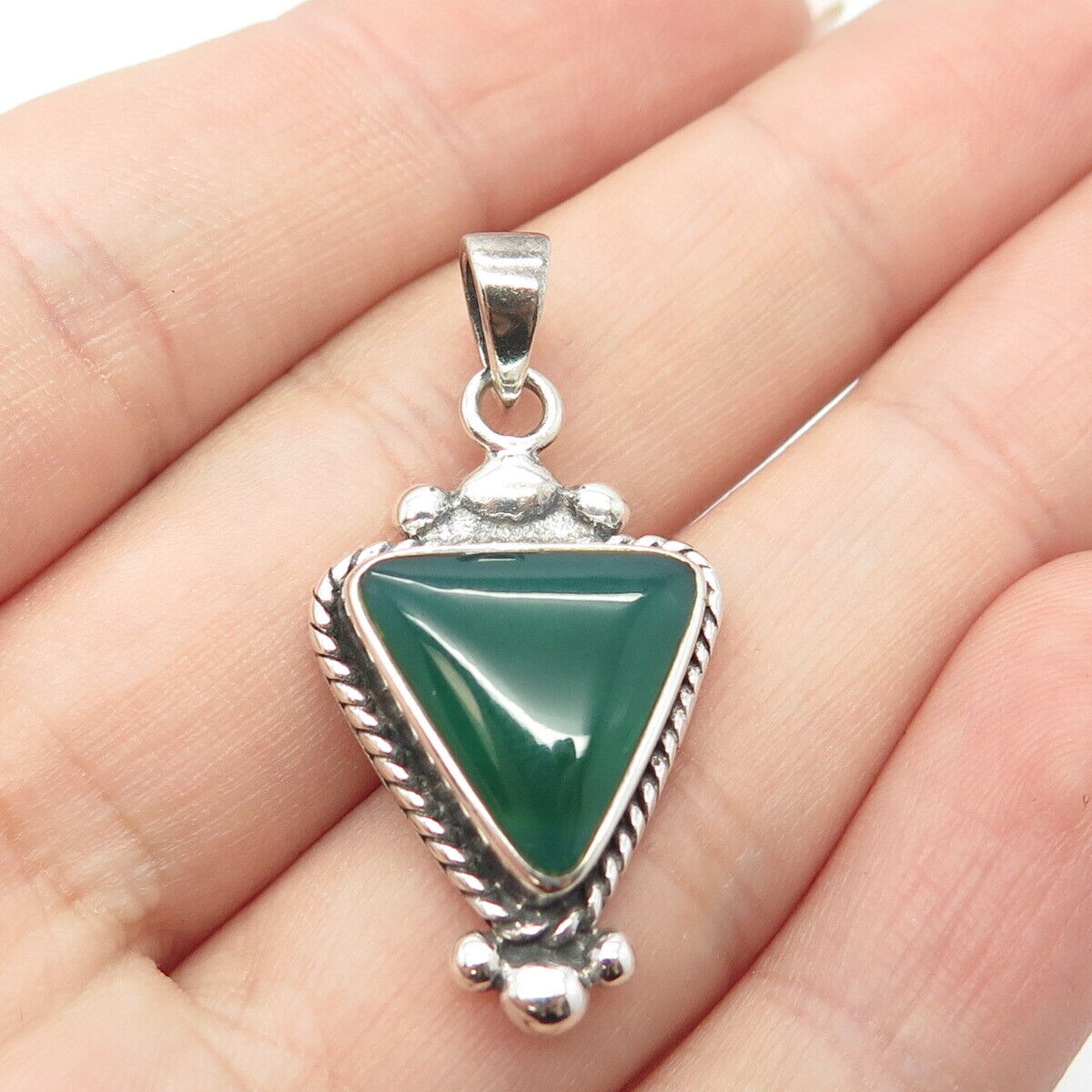 925 Sterling Silver Vintage Real Green Chalcedony Gemstone Pendant