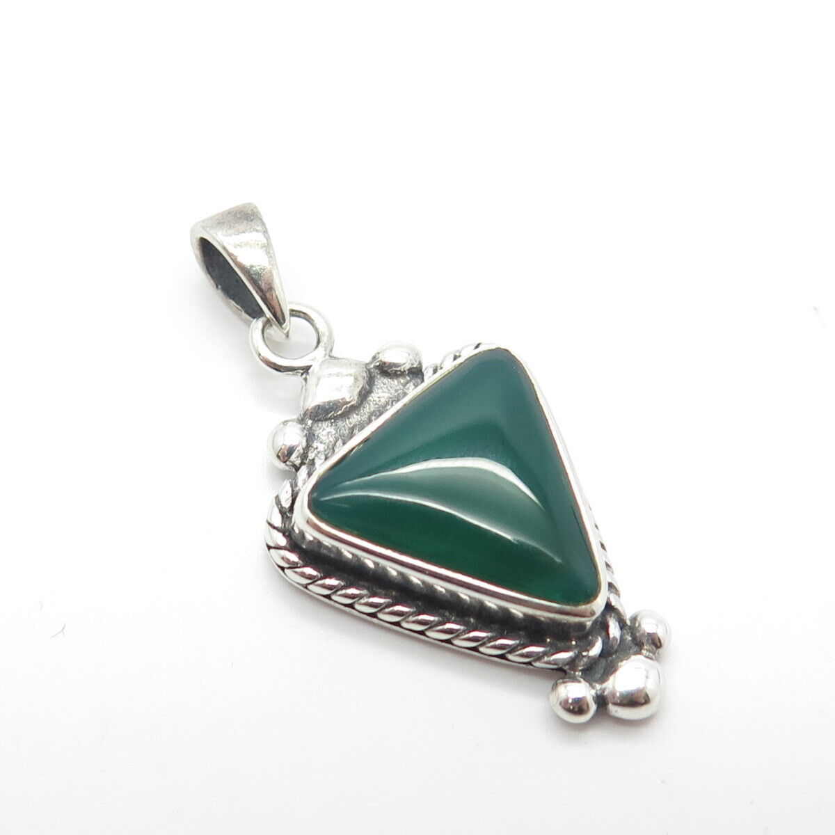 925 Sterling Silver Vintage Real Green Chalcedony Gemstone Pendant