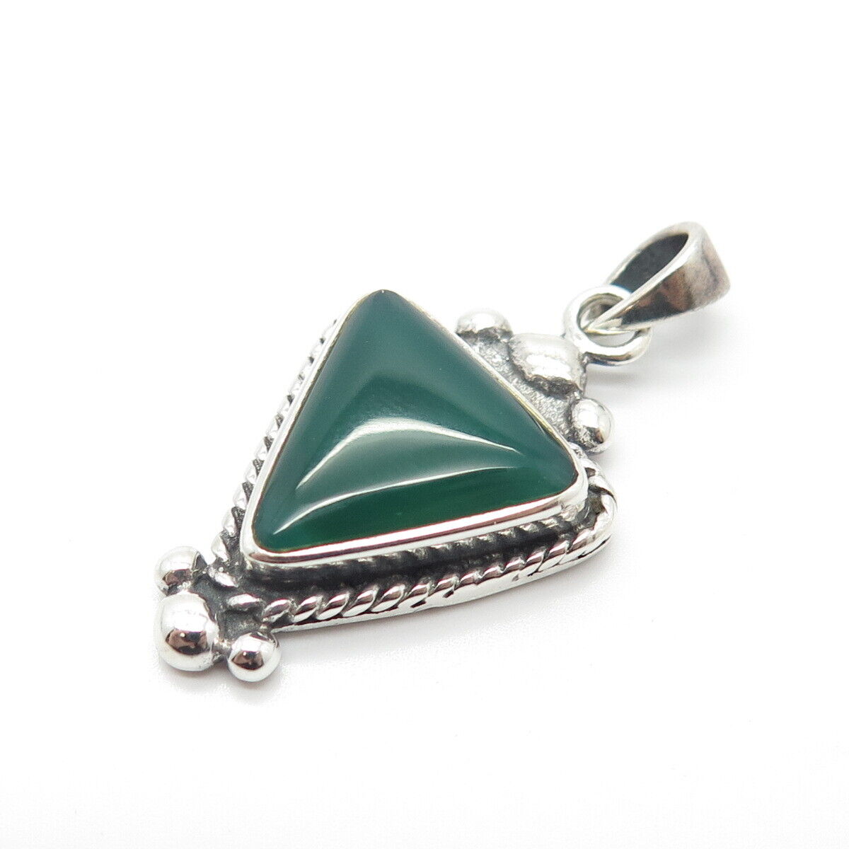 925 Sterling Silver Vintage Real Green Chalcedony Gemstone Pendant