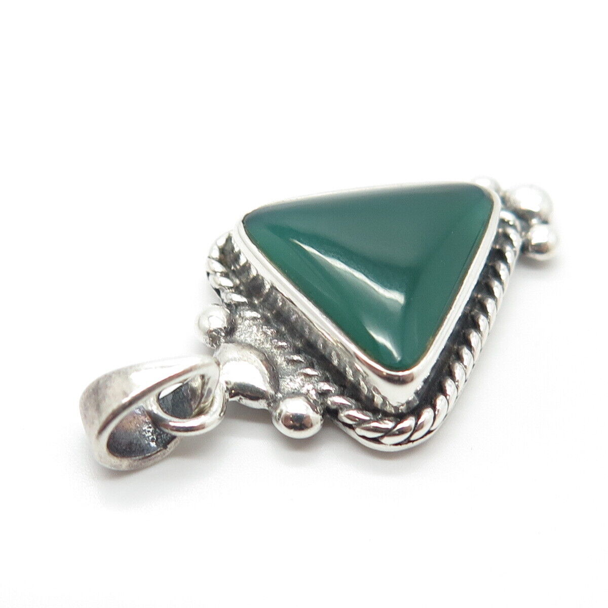 925 Sterling Silver Vintage Real Green Chalcedony Gemstone Pendant