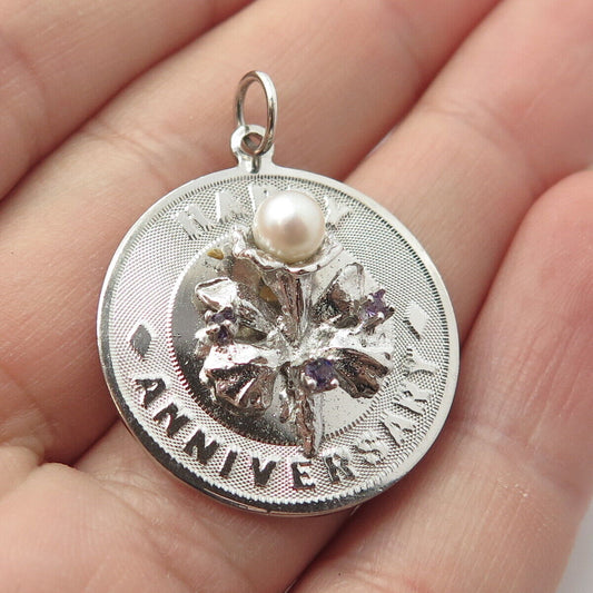 925 Sterling Silver Vintage Jeanor Pearl Amethyst Gem Happy Anniversary Pendant