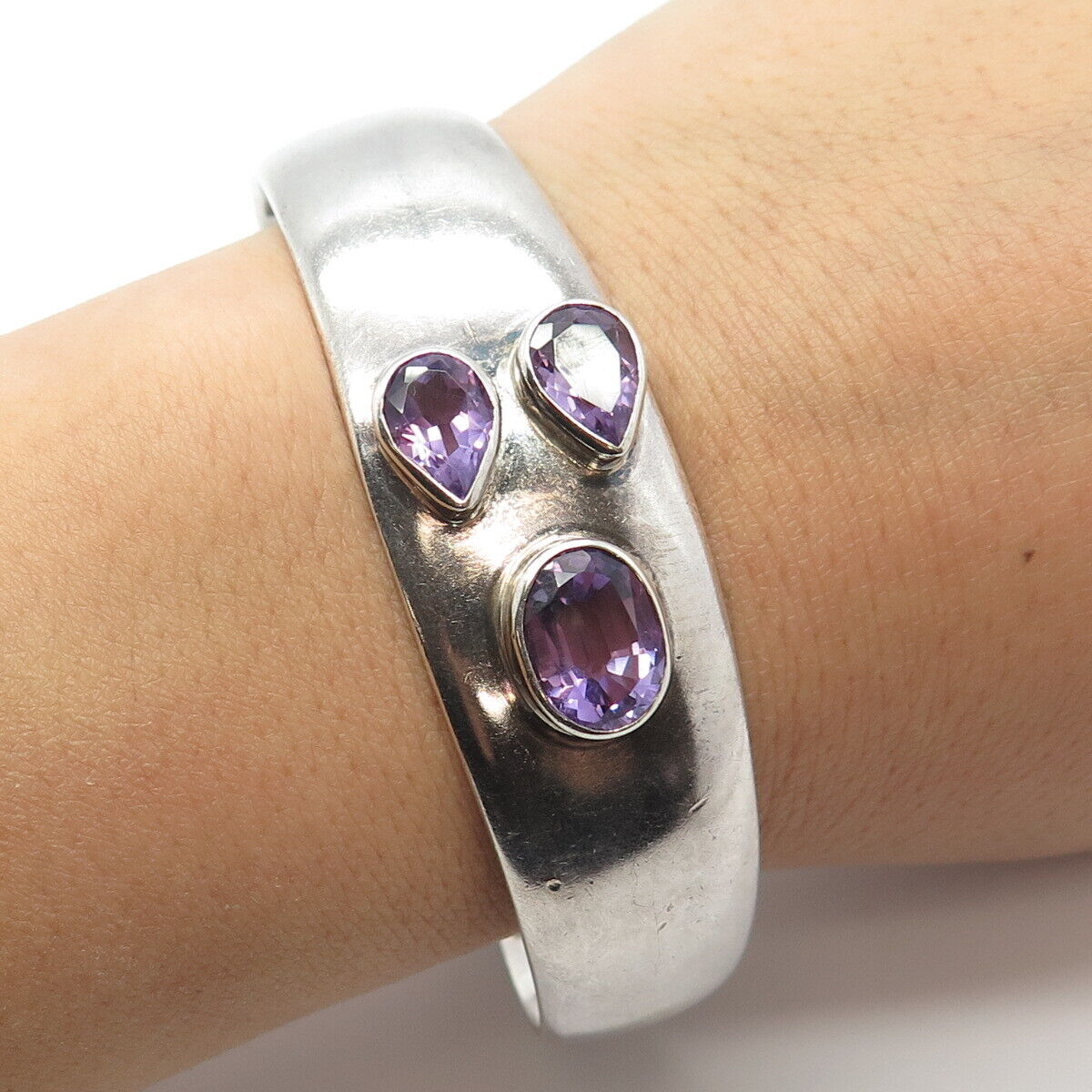 925 Sterling Silver Vintage Real Amethyst Gemstone Adjustable Cuff Bracelet 7.5"