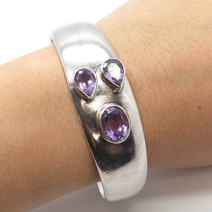 925 Sterling Silver Vintage Real Amethyst Gemstone Adjustable Cuff Bracelet 7.5"