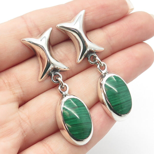 925 Sterling Silver Vintage Mexico Real Malachite Gemstone Dangling Earrings