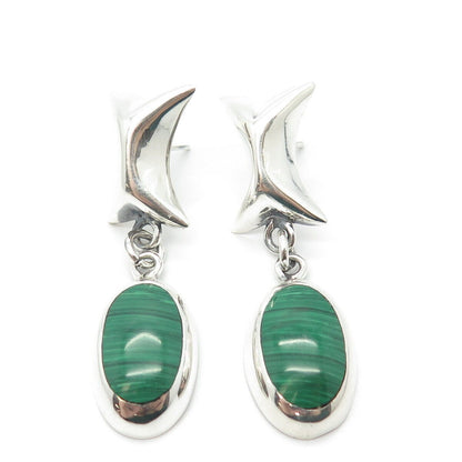 925 Sterling Silver Vintage Mexico Real Malachite Gemstone Dangling Earrings