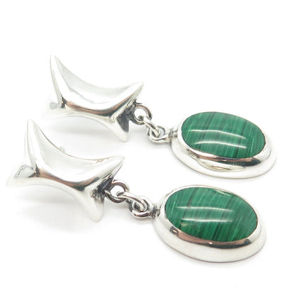 925 Sterling Silver Vintage Mexico Real Malachite Gemstone Dangling Earrings