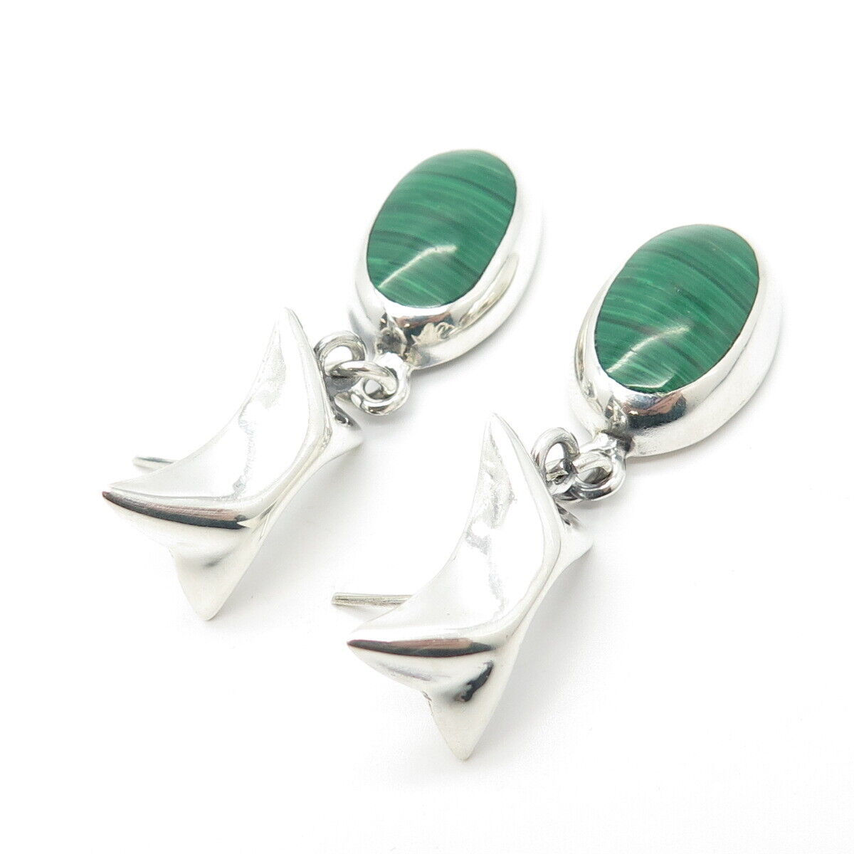 925 Sterling Silver Vintage Mexico Real Malachite Gemstone Dangling Earrings