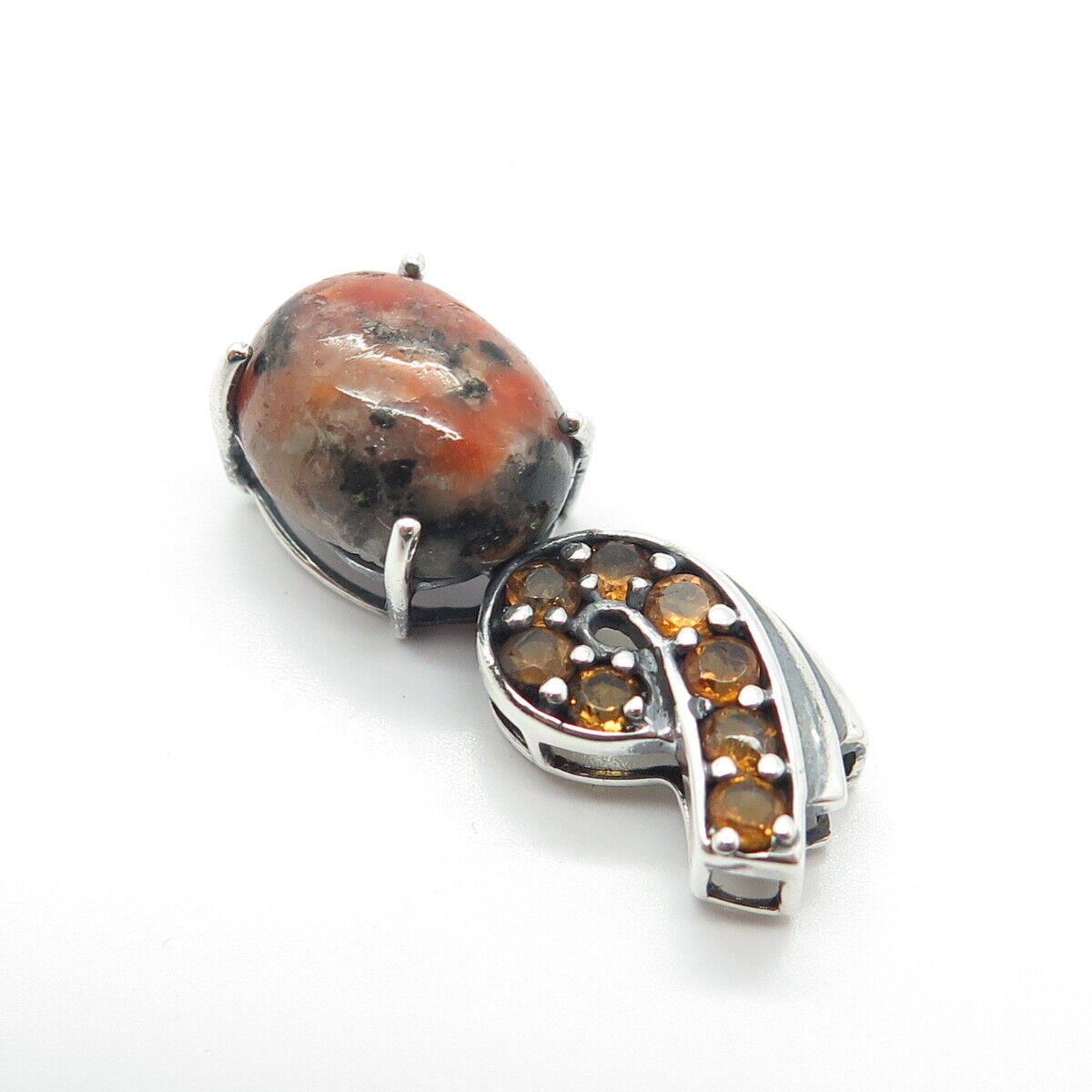 925 Sterling Silver Vintage Real Picture Jasper & Citrine Gemstone Pendant