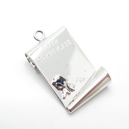 925 Sterling Silver Vintage Real Sapphire Gemstone "Birth Certificate" Pendant