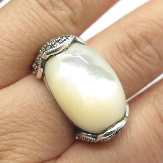 925 Sterling Silver Vintage Real Mother-of-Pearl & Marcasite Gem Ring Size 8.25