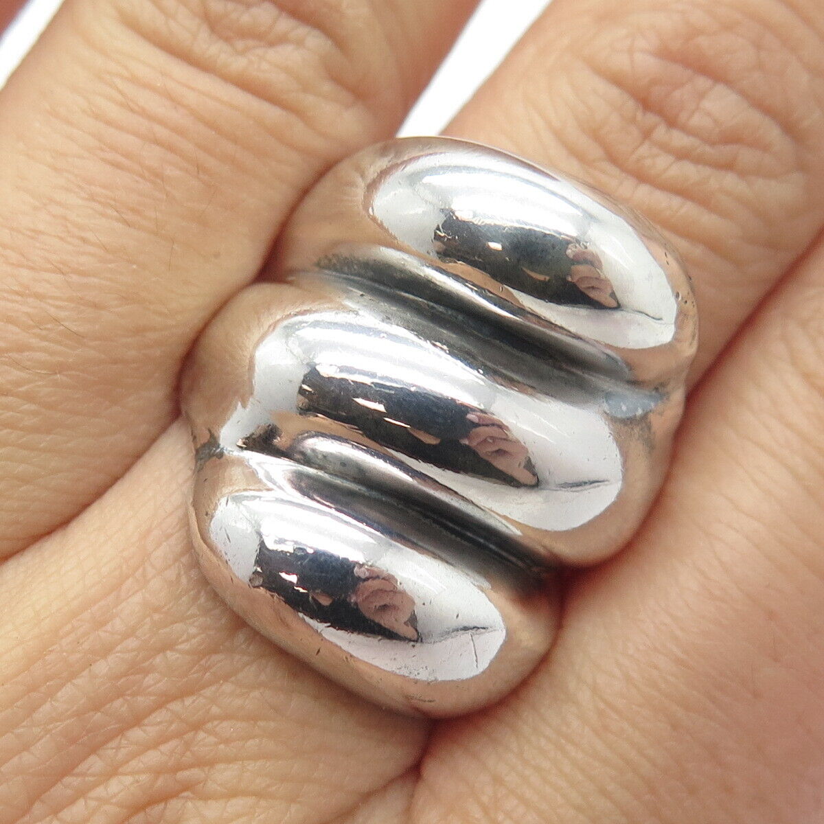 925 Sterling Silver Vintage Ribbed Statement Ring Size 9.75