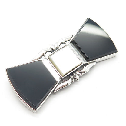 925 Sterling Silver Vintage Real Mother-of-Pearl & Black Onyx Gem Pin Brooch