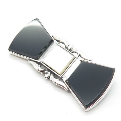 925 Sterling Silver Vintage Real Mother-of-Pearl & Black Onyx Gem Pin Brooch