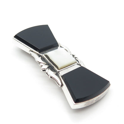 925 Sterling Silver Vintage Real Mother-of-Pearl & Black Onyx Gem Pin Brooch