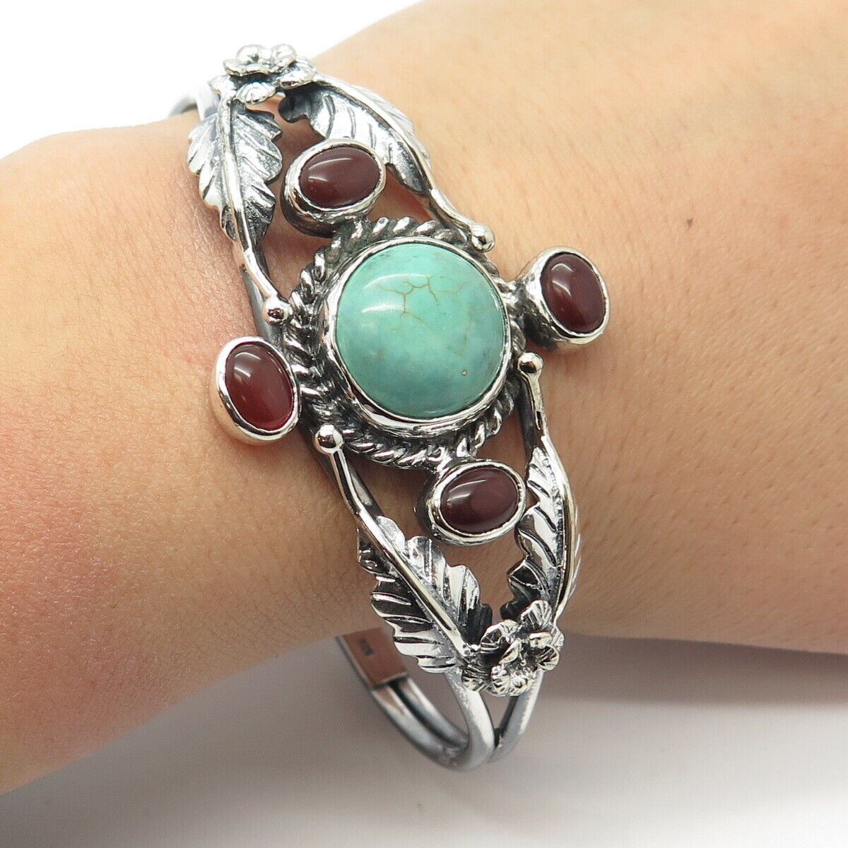 925 Sterling Silver Vintage Turquoise & Carnelian Gem Leaf Cuff Bracelet 7.25"