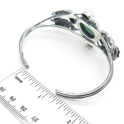 925 Sterling Silver Vintage Turquoise & Carnelian Gem Leaf Cuff Bracelet 7.25"