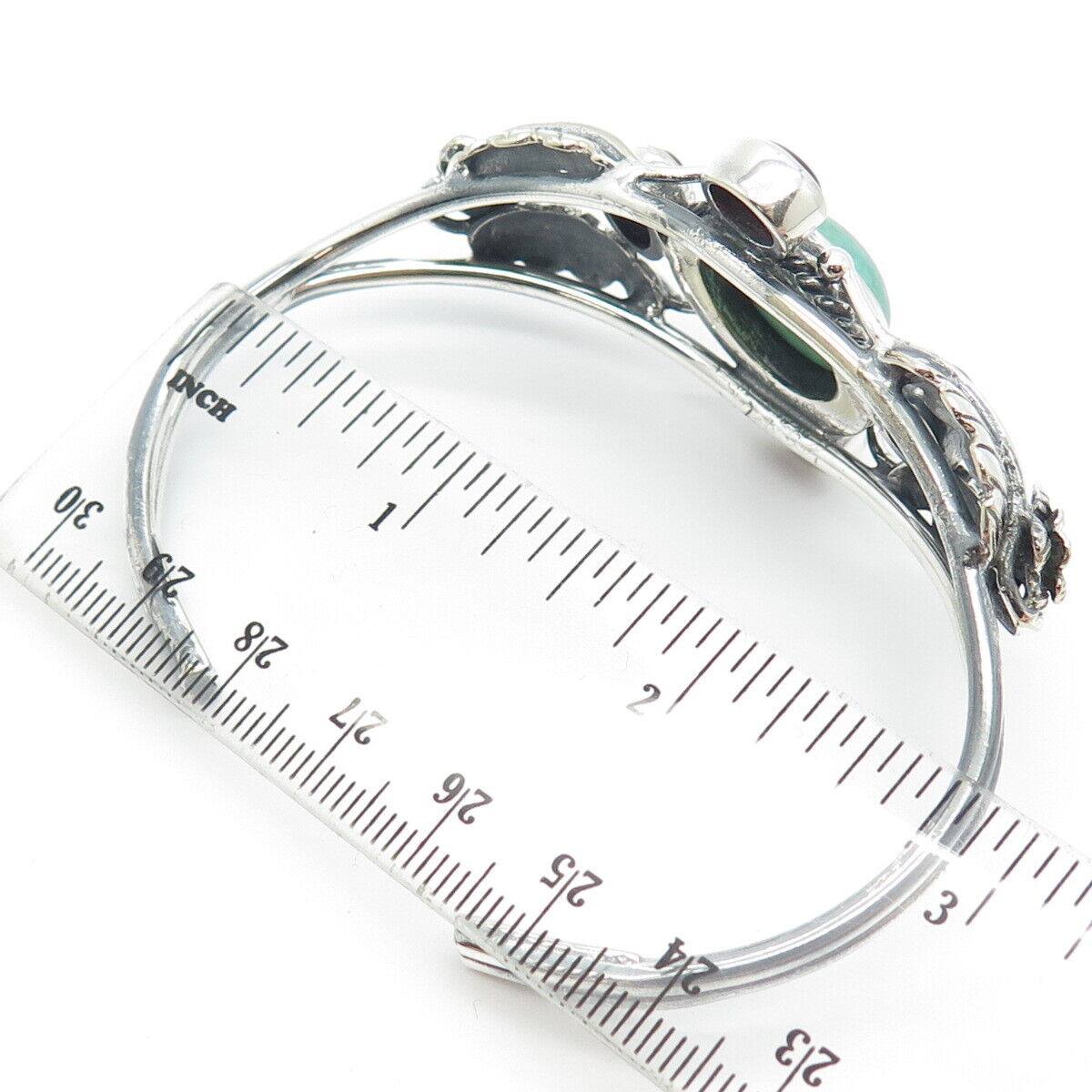 925 Sterling Silver Vintage Turquoise & Carnelian Gem Leaf Cuff Bracelet 7.25"