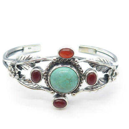925 Sterling Silver Vintage Turquoise & Carnelian Gem Leaf Cuff Bracelet 7.25"